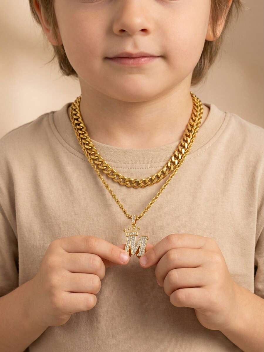 2pcs Set: Fashionable Crown & Letter Pendant Twist Rope Chain And Cuban Chain Multi-Layer Necklace, Suitable For Children Boys Girls Street Party Accessories, Daily Wear - Gold - View 1