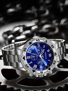 3pcs Minimalist Business Men's Quartz Watch Set, Silver Accessories, Paired With Silver Alloy Band Quartz Watch. This Chain Set Includes One Multifunction Chronograph Watch, One Silver Chain Bracelet And One Long Necklace, Primarily In Blue Tone, With Roman Numeral Dial And Chain Decoration Details. - Silver - View 2