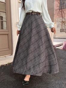 EARO 时尚女士长款格子 A 字裙，优雅腰带设计，休闲长裙，春夏款 - 淺灰色 - 查看 7