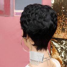 Black Pixie Cut Wig For With Bangs Short Pixie Curly Layered Curled Natural Wavy  Short Curly Layered Pixie Wig For Women Color - màu đen - Xem 3