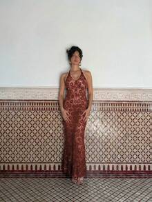Đầm dài dáng đuôi cá màu đỏ đính sequin thanh lịch, hở lưng, dây mảnh, thích hợp cho phụ nữ dự tiệc tối trang trọng, hẹn hò và tiệc rượu. - Màu Đỏ Sâu - Xem 8