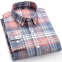 Audmroton Men's Plaid Striped Button Down Shirts Spring Fall Cotton Long Sleeve Oxford Dress Shirts With Pocket - 亮橙色 - 查看 8