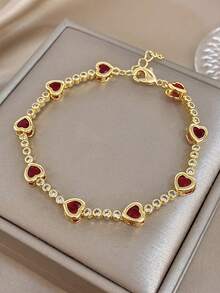 1Pc Retro Luxury Heart Ruby Red Bracelet, Multi-Color Zirconia,Copper Gold Jewelry Dainty Chain,For Women,Daily/Boho/Party/Christmas,Valentine Birthday - Multicolor - View 10