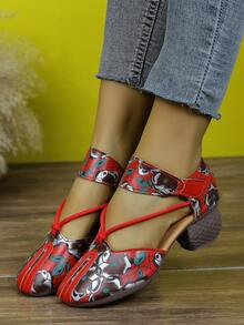 女士复古鞋，春夏款，厚底一脚蹬高跟鞋，镂空印花凉鞋，妈妈鞋，高跟凉鞋，魔术贴搭扣 - 紅色 - 查看 4