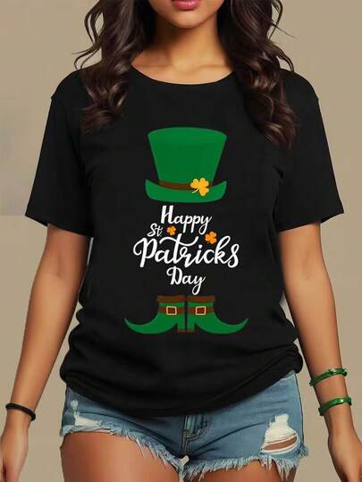 100% Pure Cotton Women's Black T-Shirt, St. Patrick's Day T-Shirt For Women - 'Happy St. Patrick's Day' With Leprechaun Hat & Boots, Cute Festival Tee, Perfect Gift For Her, This Round Neck Casual Top Is Designed Specifically For Women, Machine Washable, And Also Perfect For Daily Casual Wear And Holiday Wear.