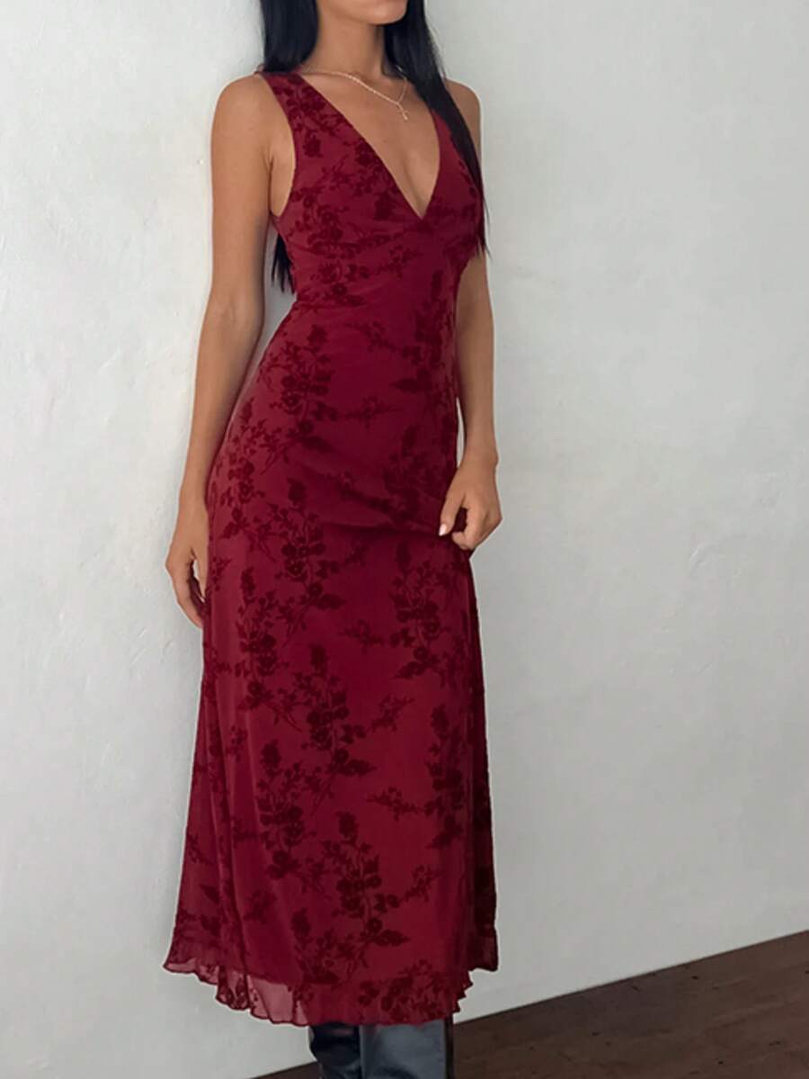 欧美风时尚印花V领无袖修身收腰长裙，适合所有季节 - 酒紅色 - 查看 1