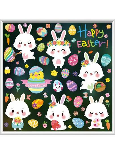 9sheets-Easter Window Clings For Glass Windows ,Spring Window Clings Stickers - Double Sided, Reusable, No Glue - Colorful Cartoon Easter Egg Bunny Decals