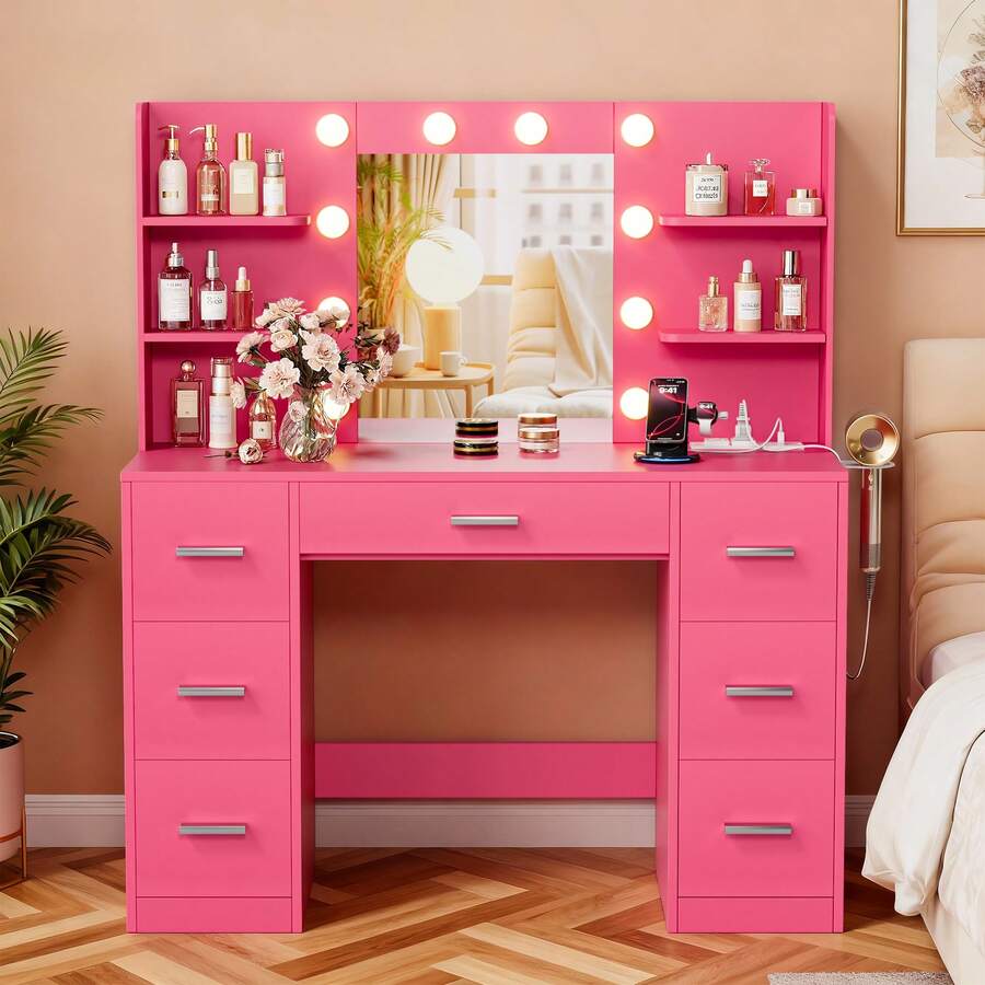 Devoko Vanity Desk With Mirror, LED Lights And Power Outlet Makeup Vanity Table With 7 Drawers And 6 Storage Shelves Dressing Table For Bedroom Dressing Room - View 1