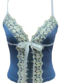 女士时尚纯色针织提花面料性感吊带蕾丝刺绣，蕾丝拼接蓝色优雅休闲吊带背心 - 藍色 - 查看 8