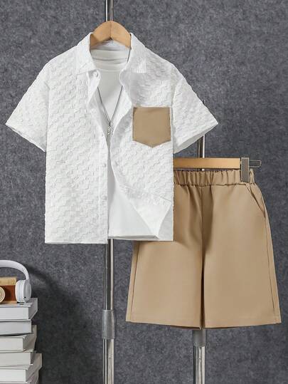 Boys' Casual Lightweight Breathable Plaid Texture Short Sleeve Shirt And Shorts Set, Spring/Summer
