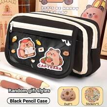 Three-Color Capybara Pencil Case Set - Including Capybara Stickers, Etc., A Beautiful Stationery Bag That Is Loved By Shoppers - Black [send Same Doll + 5 Random Guinea Stickers] - View 2