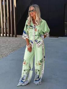 夏季休闲度假风景印花衬衫裤套装 - 綠色 - 查看 2