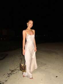 Basrey Sexy Long Bridesmaid Dress, Spaghetti Strap Backless Design, Zipper Closure, Elegant Woven Fabric, Suitable For Special Occasions - Light Apricot Color - View 6