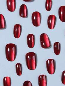 24片极简风短款圆形红色亮面猫眼美甲贴纸，粘性美甲贴花，适合日常佩戴、约会、下午茶、外出等场合。 - 彩色 - 查看 3