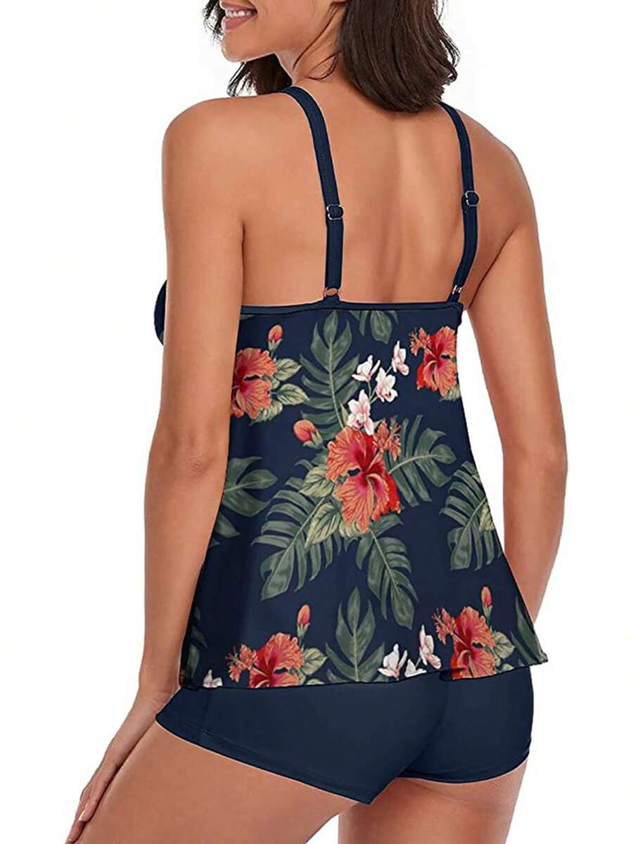 Womens Two Piece Bikini Set Printing Suspender Tops And Solid Color High Waist Shorts - Black - View 1