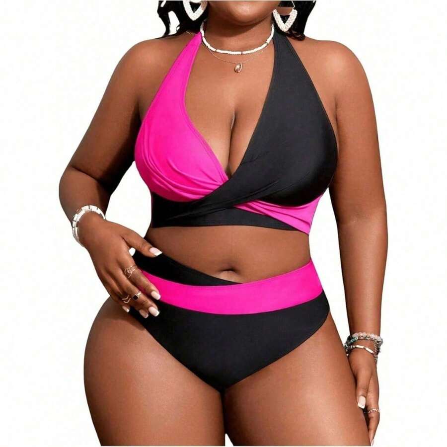 Women's Plus Size Resort Bikini – Colorblock Two-Piece With Supportive High Waist Fit - Black and Hotpink - 查看 1