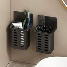 Black Toothpaste And Brush Holder Wall-Mounted Storage Box, Suitable For Bathroom Essentials, Phone & AC Remote Control Organizer With Damage Free Installation, Toothbrush Holders For Bathroom, Bathroom Decorations, Brush Holder Bathroom, Bathroom Organization, Home Essentials Organizer, Spacesaving Solution, Compact Organizer, Durable Plastic, Lightweight Holder, Toothpaste Holder, Home Decor Lovers, Small Space Living - Black - View 5