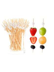200 piezas de palillos de cóctel con cuentas blancas/rosas/doradas/plateadas, pinchos de bambú para barbacoa, tenedores de fruta de hotel, palitos de bambú con lazos verdes, pinchos para probar hamburguesas y salmón, palillos de bambú para aperitivos y cócteles de frutas, para fiestas, banquetes, charcutería, decoración - adecuados para bodas, cocina, barbacoas en la playa, picnics, restaurantes, Año Nuevo, Festival de Primavera - Blanco - Ver 1