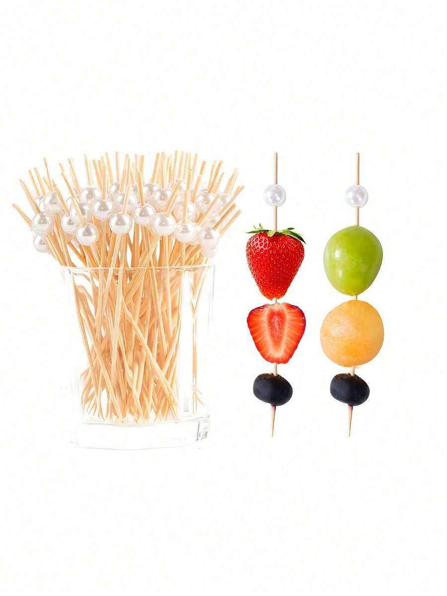 200 piezas de palillos de cóctel con cuentas blancas/rosas/doradas/plateadas, pinchos de bambú para barbacoa, tenedores de fruta de hotel, palitos de bambú con lazos verdes, pinchos para probar hamburguesas y salmón, palillos de bambú para aperitivos y cócteles de frutas, para fiestas, banquetes, charcutería, decoración - adecuados para bodas, cocina, barbacoas en la playa, picnics, restaurantes, Año Nuevo, Festival de Primavera - Blanco - Ver 1