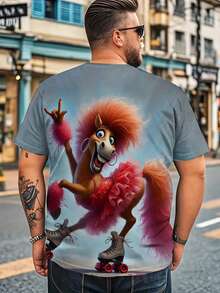 Funny Horse Year Cartoon Print Plus Size Men Short Sleeve T-Shirt, Fashionable Gradient Plus Size T-Shirt, Humorous Short Sleeve Top, Casual Holiday Clothing - Multicolor - View 3