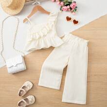 2pcs Girls Layered Ruffle Set, Vertical Striped Textured Lightweight Draping Fabric, French Elegant Children Outfit, Suitable For Party And Gathering - Champagne - View 12