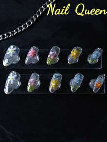 CrystalHola Valentine's Day & New Year's Edition 10-Piece, 100% Handmade Press-On Nails,French Tip Nails, Y2K Style, Pink Ballet, Green Oil Painting Style, Blue Ocean Style, Hand-Painted Flowers, Dopamine Color Scheme, Full Coverage Design, Removable And Reusable, Long-Lasting , Unique Summer Nail Art, A Must-Have Fashion Accessory For Parties And Weddings. Nail Supplies - Multicolor - View 2