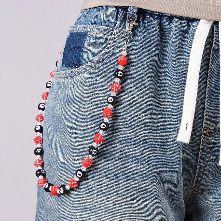 1pc Fashion Colorful Rhinestone Ball Pants Chain Personality Jeans Chain Dice Black 8 Exquisite Pocket Chain Men's Waist Chain Fashion  Accessories - White - View 1