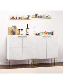 Gabinete de almacenamiento de 2 niveles con patas de metal, gabinete de acento moderno blanco con 2 puertas decorativas de patrón en relieve, gabinete de buffet de aparador para cocina, comedor, sala de estar - Blanco - Ver 7