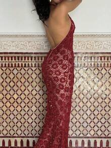 Đầm dài dáng đuôi cá màu đỏ đính sequin thanh lịch, hở lưng, dây mảnh, thích hợp cho phụ nữ dự tiệc tối trang trọng, hẹn hò và tiệc rượu. - Màu Đỏ Sâu - Xem 6