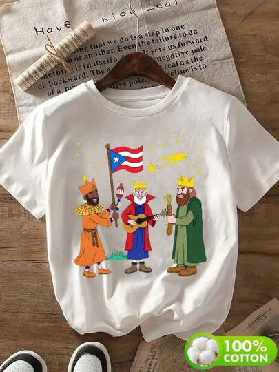 Camiseta de Navidad Unisex para Mujeres de los Tres Reyes Magos - Camiseta Casual de Manga Corta 100%, Decorada con Ilustraciones Coloridas de los Tres Reyes Magos de la Biblia, Corte Suelto en Línea H, Adecuada para Regalos de Adviento y Uso Diario
