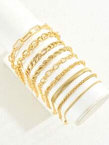 15/9pcs Fashionable Minimalist Elegant Delicate Retro Design Geometric Clasp, Crystal Bling Bling, Shiny Chain, Braided Chain, Snake Bone Chain, Box Chain, Beaded Combination Metal Minimalist Style Bracelet Set, Suitable For Holiday, Party, Date, Gift, Daily Wear - Yellow Gold - View 6