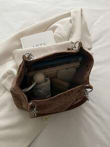 时尚大容量纯色毛绒单肩手提包，适合上学、旅行、购物、约会，女士礼物灯芯绒手提包，时尚链条单肩包，大容量毛绒手提包，书包，便携，大容量，轻便，适合青少年女孩、女性、大学生、中小学生、高中生、户外、旅行、郊游、工作、商务、通勤，饰有蝴蝶结和爱心图案 - 棕色 - 查看 8