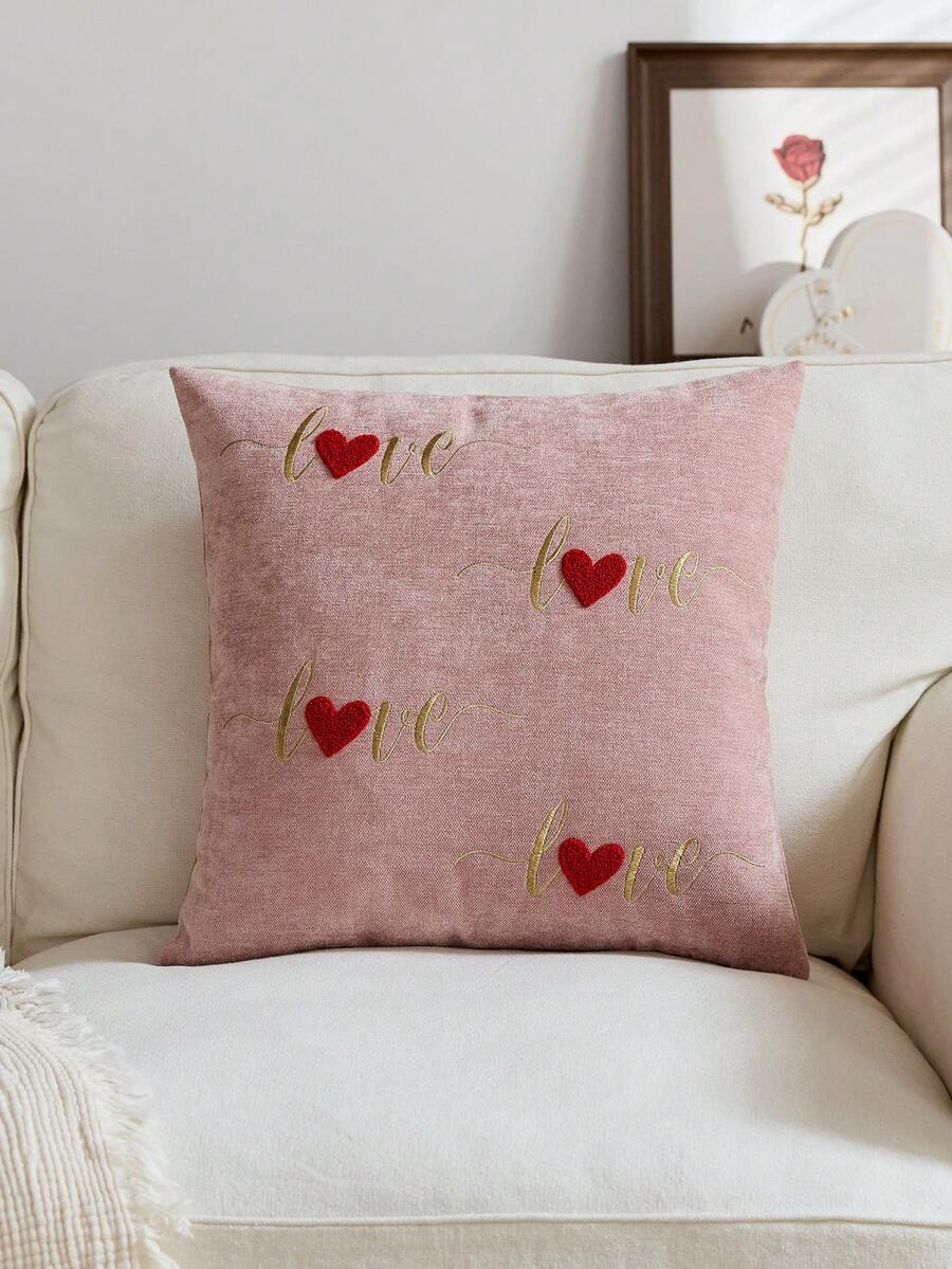 1 pièce Housse de coussin brodée en forme de lettre d'amour rose pour la Saint-Valentin, housse de coussin décorative en forme de cœur, convient pour la décoration intérieure, housse de coussin décorative pour le printemps/été, insert de coussin non inclus