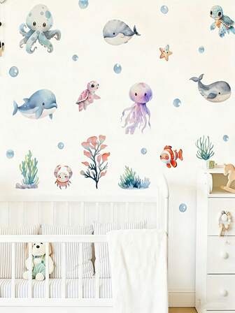 1 件装趣味海洋生物卡通动物墙贴 - 自粘 PVC 贴纸，柔和色调卡通鱼、水母和海洋生物图案 - 非常适合青少年卧室或客厅装饰，青少年房间装饰 | 趣味设计 | PVC 墙贴，海洋主题装饰