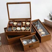 Caja de almacenamiento de relojes con tapa de vidrio a prueba de polvo y textura de madera, caja de almacenamiento de relojes de alta gama y exquisita para el hogar, caja de exhibición de colección de joyas y relojes, caja de almacenamiento de relojes para hombres, caja de exhibición de soporte de relojes para aniversario y cumpleaños, color marrón, regalo sorpresa para el novio. Las cosas buenas deben verse con tus propios ojos. (Productos de madera hechos a mano, pequeños defectos y manchas negras son normales) (Reloj no incluido, solo la caja del reloj), decoración de la sala de maquillaje - Multicolor - Ver 1