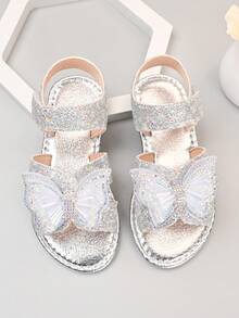 1 Pair Silver Toddler/Little Girls' Flat Sandals, Soft Leather Patchwork With Glitter Sequins & Rhinestone Butterfly Decor, Round Toe, Non-Slip Soft Sole, Fashion Princess Beach Sandals For 3-12 Years Old, Suitable For Daily, Beach, Holiday, Party, Spring/Summer 2026
