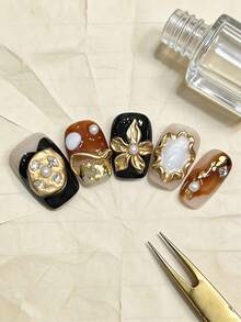 10片装 3D立体花朵美甲贴片 日式焦糖黑金手工美甲贴片 派对佩戴美甲贴片 - 彩色 - 查看 5