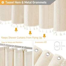 Boho Farmhouse Shower Curtain Linen Rustic Weighted Striped Cloth Shower Curtain Set With Tassel Water Repellent Bohemian Vintage Country Fabric Shower Curtain For Bathroom Cream/Beige 72x72 - A - 奶油色+72吋寬 x 90吋長(1 件裝) - 查看 5