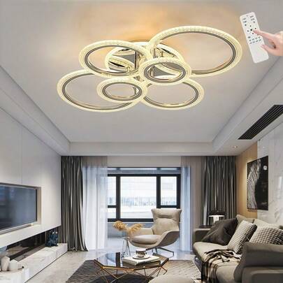 This Silver-Plated 6-Ring LED Acrylic Ceiling Light Can Be Dimmed And Color-Adjusted Via Remote Control. It Is Suitable For Living Rooms And Bedrooms With A Light Luxury Minimalist Style, And Is A Primary Choice For Ceiling Lighting.