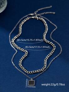 Nooxian Set de 2 piezas de collar de capas con cadena de hierro texturizada plana y ancha y colgante cuadrado de acero inoxidable, diseño único, adecuado para uso en fiestas de mujeres - Plateado - Ver 6