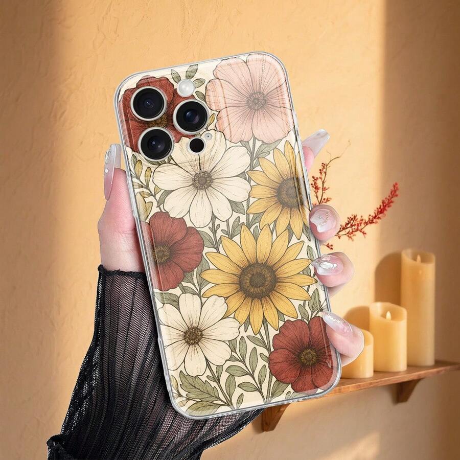 Custodia per telefono: adatta per serie 16/15/14/13, custodia per telefono sottile, tocco morbido, protettiva, custodia per telefono in TPU con stampa a motivo di ramo di girasole, compatibile con custodia per 17, custodia per 17 Pro, custodia per 17 Pro Max - Colore misto 1 - Visualizzare 1