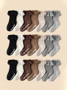 8双装婴儿夏季蕾丝边中性色短袜，字母印花防滑中筒袜，舒适透气，适合婴儿夏季日常休闲穿着，高品质之选 - 彩色 - 查看 8
