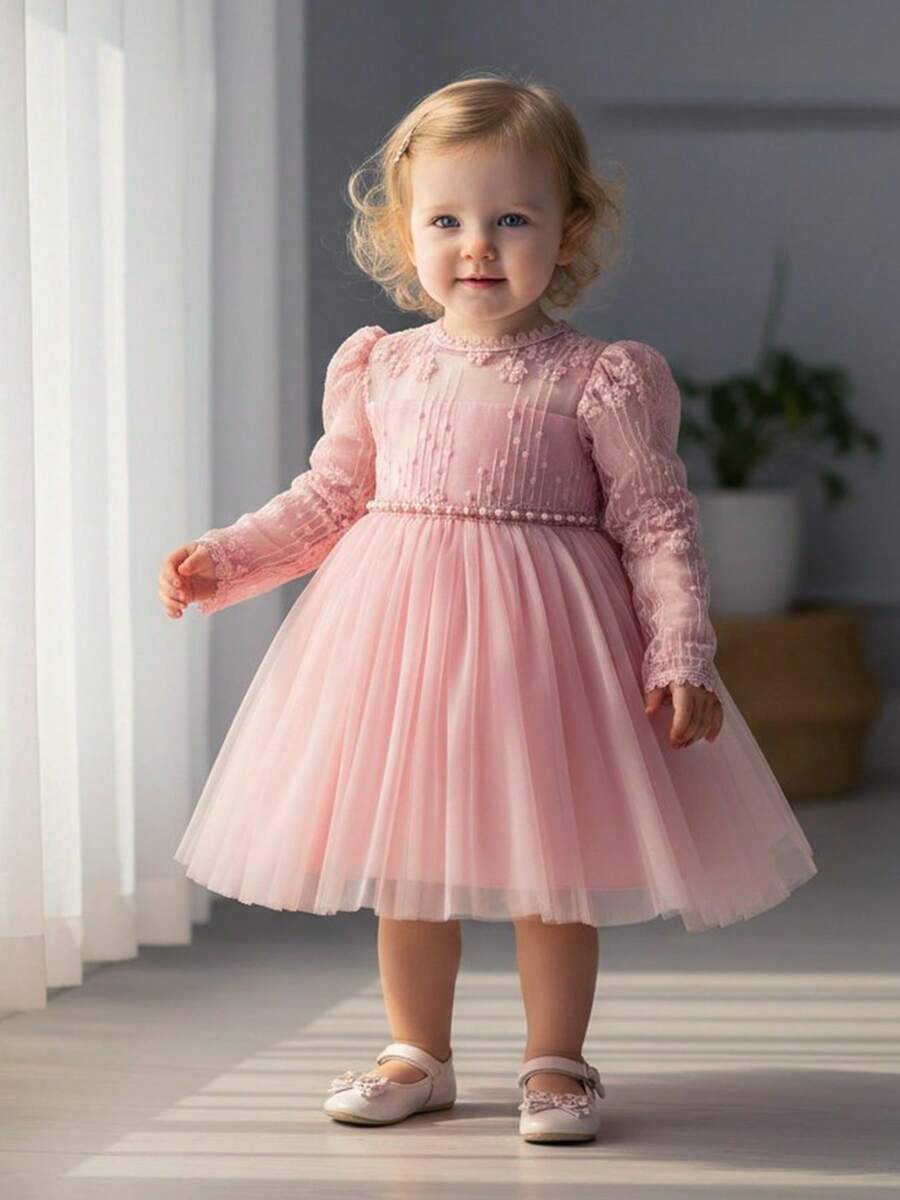 Baby Girl Elegant Princess Tulle Dress Long Sleeve Toddler Girls Beads Dresses Suitable For Birthday, Wedding, Banquet, Holiday, Festival Celebration - 粉色 - 查看 1