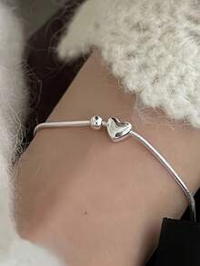 1 pieza Pulsera con colgante de corazón plateado, perfecta para uso diario de moda y regalos festivos - Plateado - Ver 2