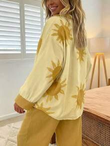Women's Vacation Yellow & Light Yellow Sun Placement Print Linen Blend Oversized Shirt Wide Leg Pants Two Piece Set - 黃色 - 查看 3