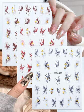 3 ark 5D fjärilsnagelkonstklistermärken akvarell guldfolie fjärilsnageldekaler för elegant DIY-manikyr