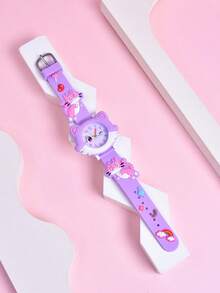 3D Soft Silicone Strap Cartoon Cat Pattern Girls' Student Pointer Watch, Creative Cute Cat Quartz Wrist Watch For Girls