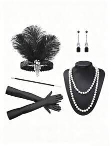 Conjunto de 5 piezas de accesorios retro de los años 20 para damas, que incluye un tocado de plumas Charleston, un collar de perlas falsas, aretes y guantes largos, es perfecto para accesorios de vestir de fiesta de Halloween - multicolor - Ver 11