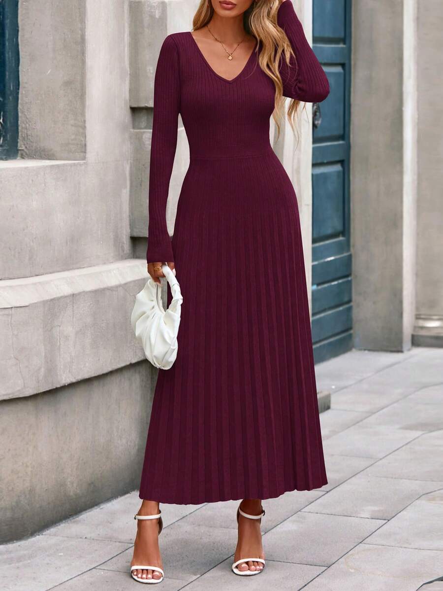 Women Sweater Dress Fall Fashion  Long Sleeve V Neck Ribbed Knit Pleated A Line Elegant Maxi Winter New Years Vacation  Dresses Vestidos Elegantes De Mujer - Màu Đỏ Sâu - Xem 1