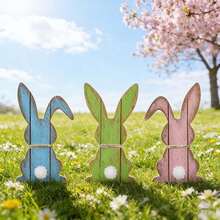 Easter Bunny Decorations Wooden Bow Decorated Rabbit Sign Tiered Tray Decor For Farmhouse Holiday Party - Multicolor - View 4